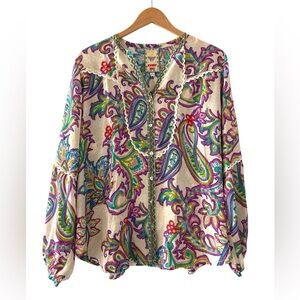 Johnny Was XL Noellie 100% silk Multicolor Paisley Blouse Long Sleeves